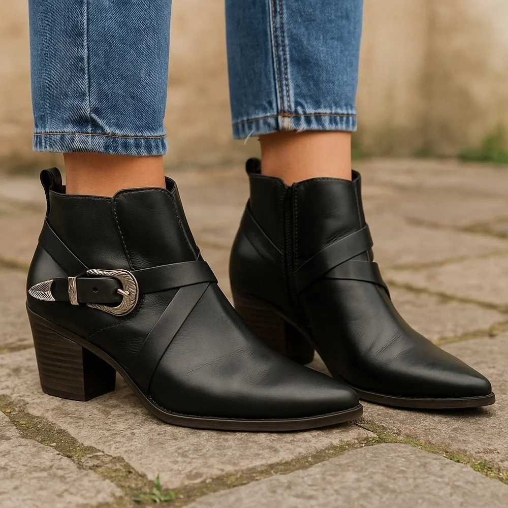 London Rag Womens Harlie Black Western Buckle Pointed Ankle Heeled Boots Boho 8 - Picture 1 of 13